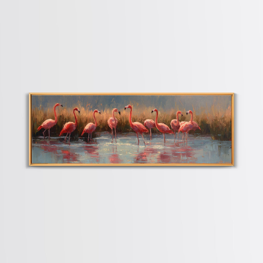 Flamingos in Pink Shallow Water Canvas Print, Wildlife Art, Unique Home Decor, Living Room Decor, Fine Art, Wild, WIL-3x1-14
