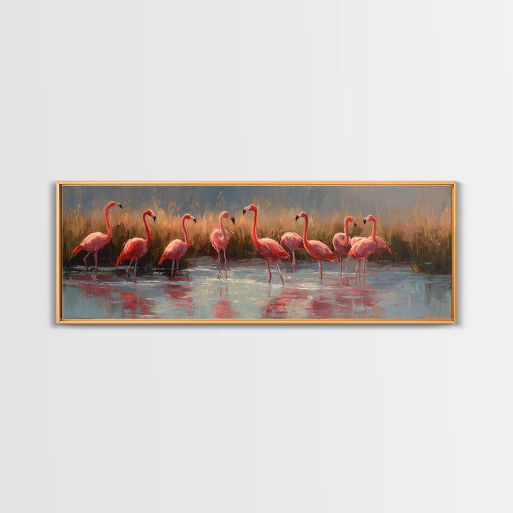 Flamingos in Pink Shallow Water Canvas Print, Wildlife Art, Unique Home Decor, Living Room Decor, Fine Art, Wild, WIL-3x1-14