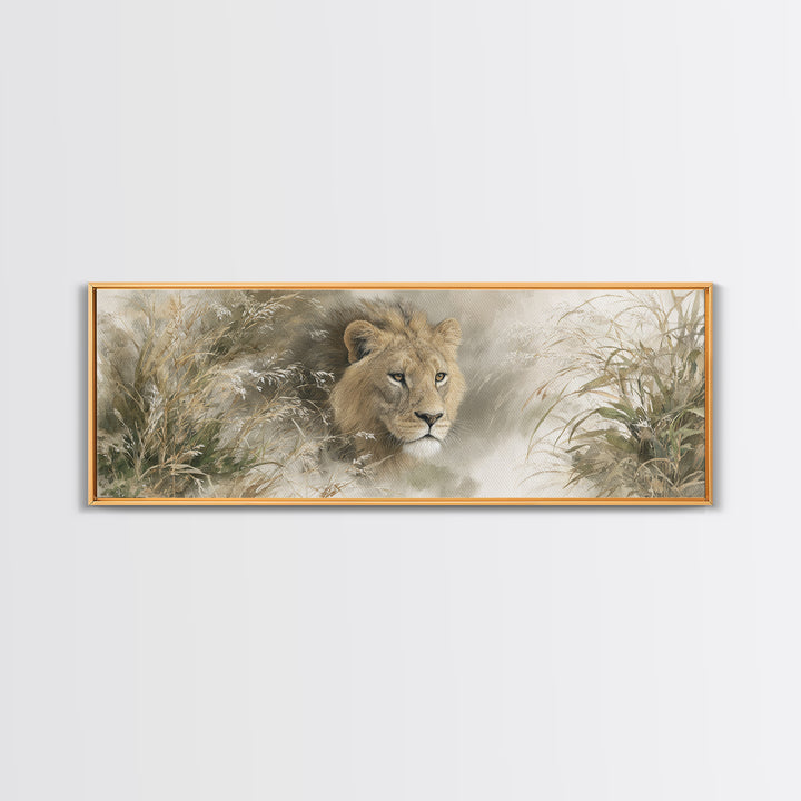 Lion Emerging from Golden Savanna Grass Framed Canvas Print, Wildlife Art, Bird Art, Living Room Decor, Fine Art, Wild, WIL-3x1-17