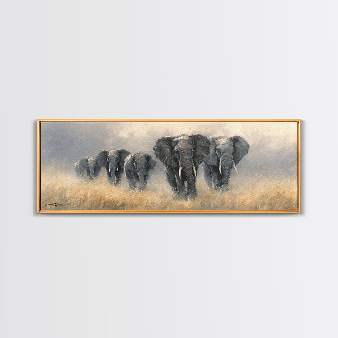 Elephant Herd Walking Through Dusty Sunset Framed Canvas Print, Wildlife Art, Original Art, Living Room Decor, Fine Art, Wild, WIL-3x1-18