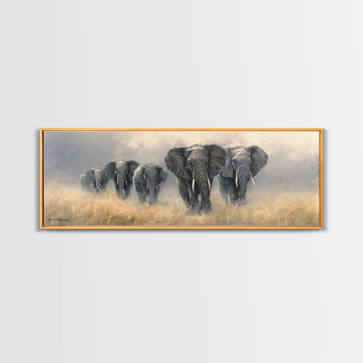 Elephant Herd Walking Through Dusty Sunset Framed Canvas Print, Wildlife Art, Original Art, Living Room Decor, Fine Art, Wild, WIL-3x1-18