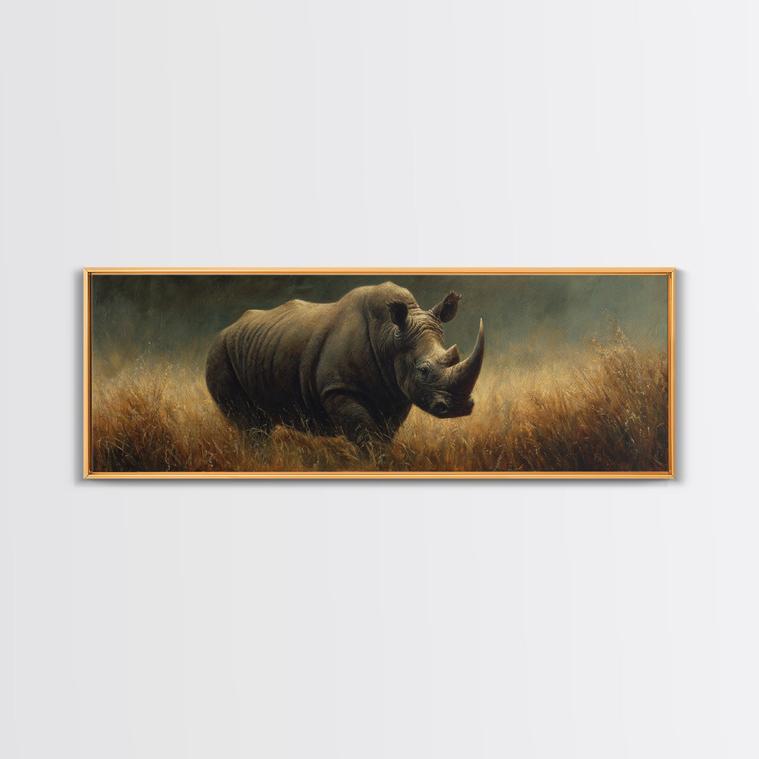 Rhino in Dramatic Stormy Light Canvas Print, Wildlife Art, Rustic Home Decor, Living Room Decor, Fine Art, Wild, WIL-3x1-24
