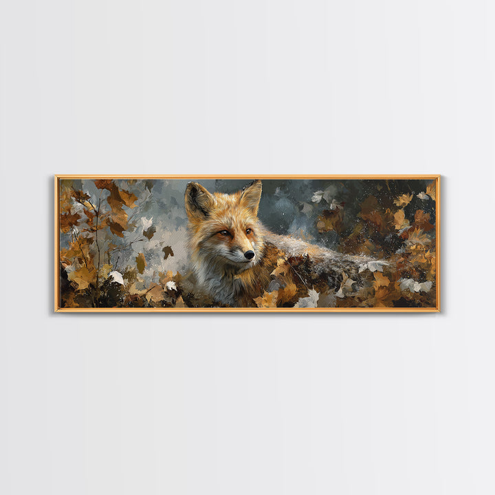 Fox in Autumn Forest Leaves Canvas Print, Wildlife Art, Modern Art, Living Room Decor, Fine Art, Wild, Neutral Decor, WIL-3x1-25