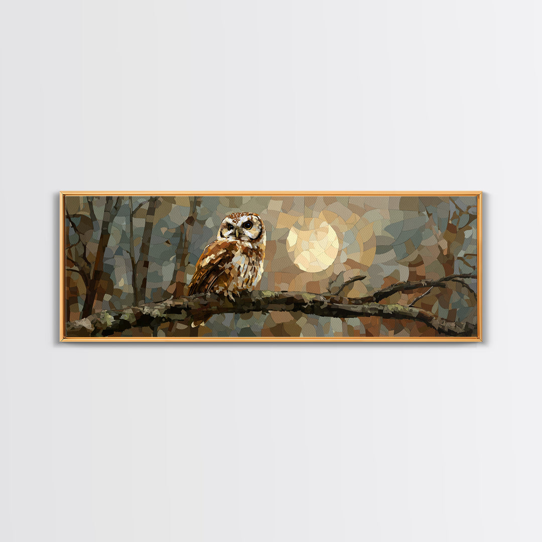 Owl Perched in Moonlit Woodland Framed Canvas Print, Wildlife Art, Forest Wall Art, Living Room Decor, Oil Painting, Wild, WIL-3x1-28