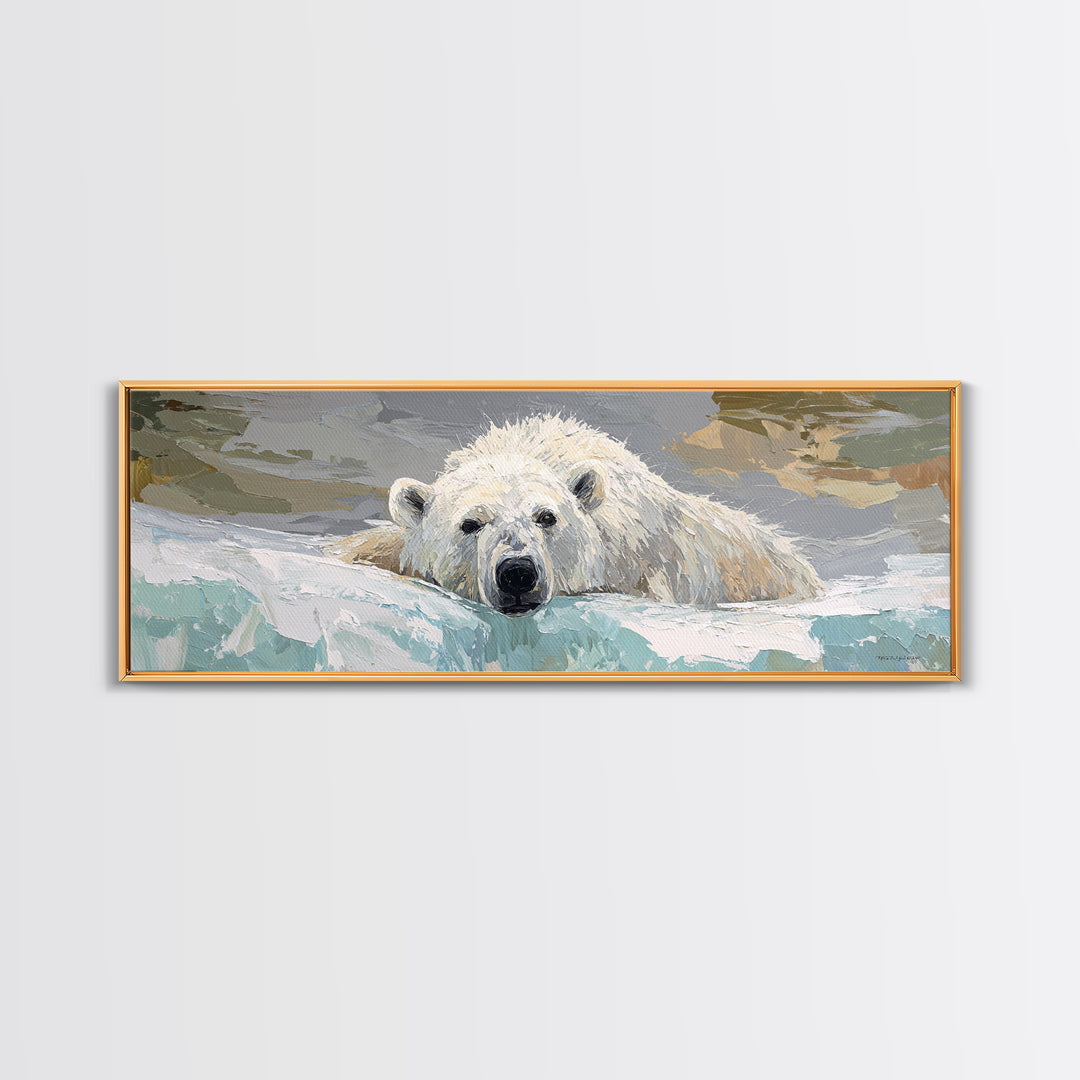 Polar Bear Crossing Blue Ice Canvas Print, Wildlife Art, Luxury Decor, Living Room Decor, Abstract Art, Wild, Oil Painting, WIL-3x1-31