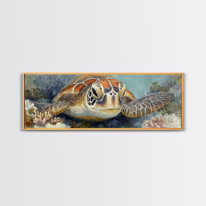 Sea Turtle over Coral Reef Canvas Print, Wildlife Art, Digital Wall Art, Living Room Decor, Abstract Art, Wild, Modern Art, WIL-3x1-34