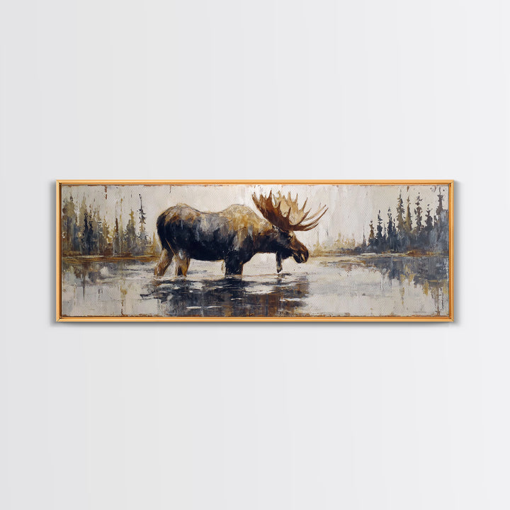 Moose Standing in Reflective Lake Canvas Print, Wildlife Art, Living Room Decor, Oil Painting, Wild, Digital Wall Art, WIL-3x1-35