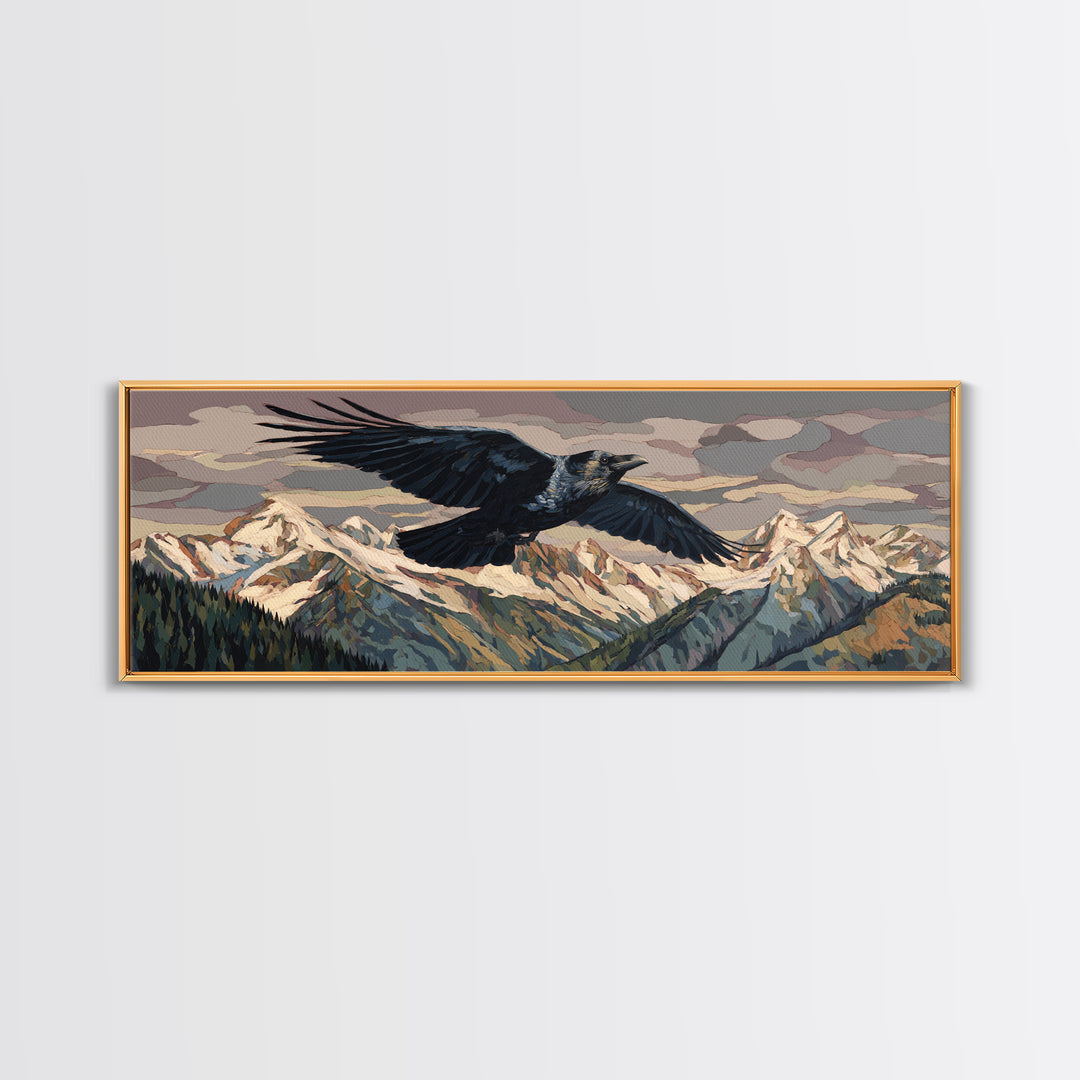 Raven Flying Through Snowy Mountains Canvas Print, Wildlife Art, Gallery Decor, Living Room Decor, Oil Painting, Wild, WIL-3x1-40