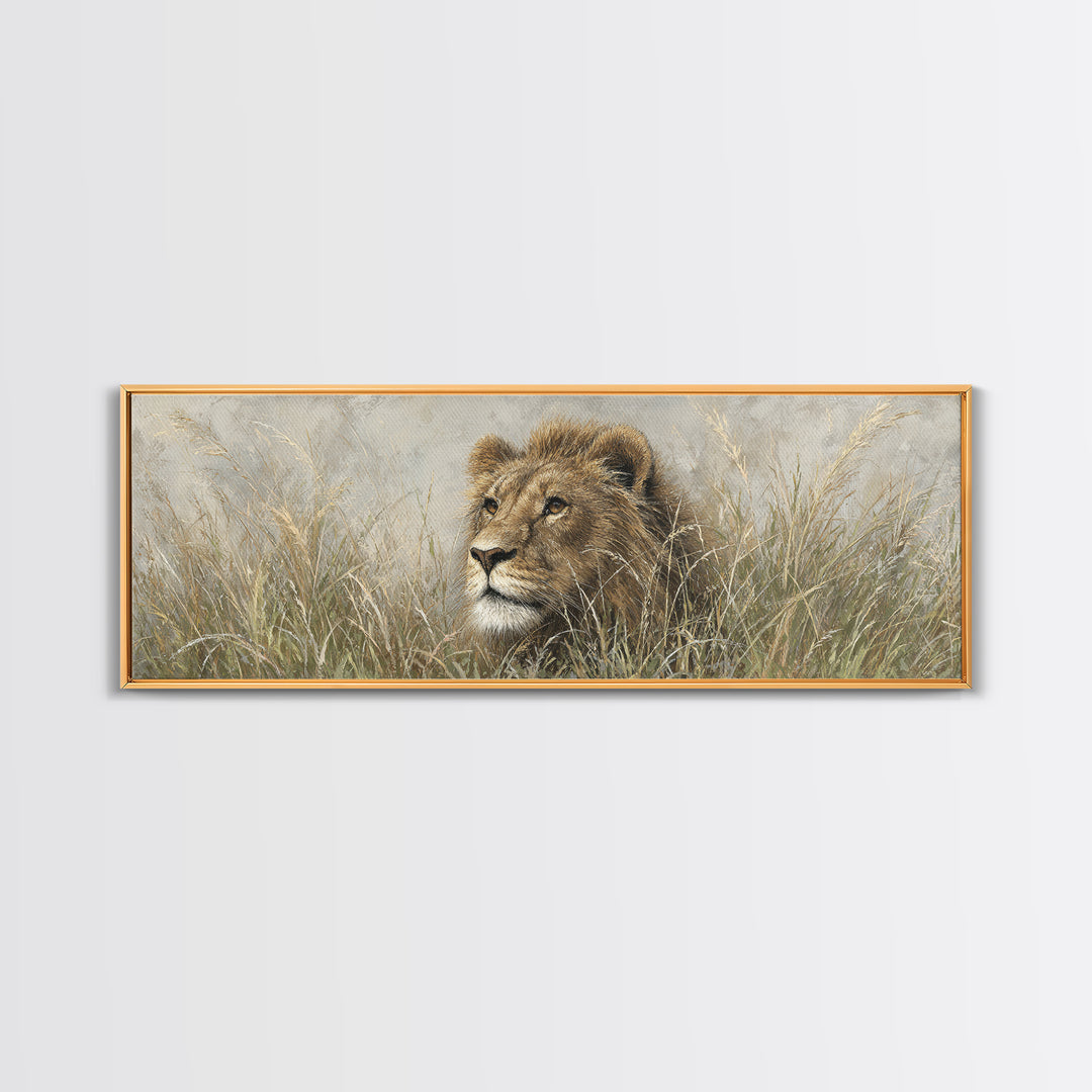 Lion Emerging from Golden Savanna Grass Canvas Print, Wildlife Art, Living Room Art, Living Room Decor, Watercolor Art, Wild, WIL-3x1-41