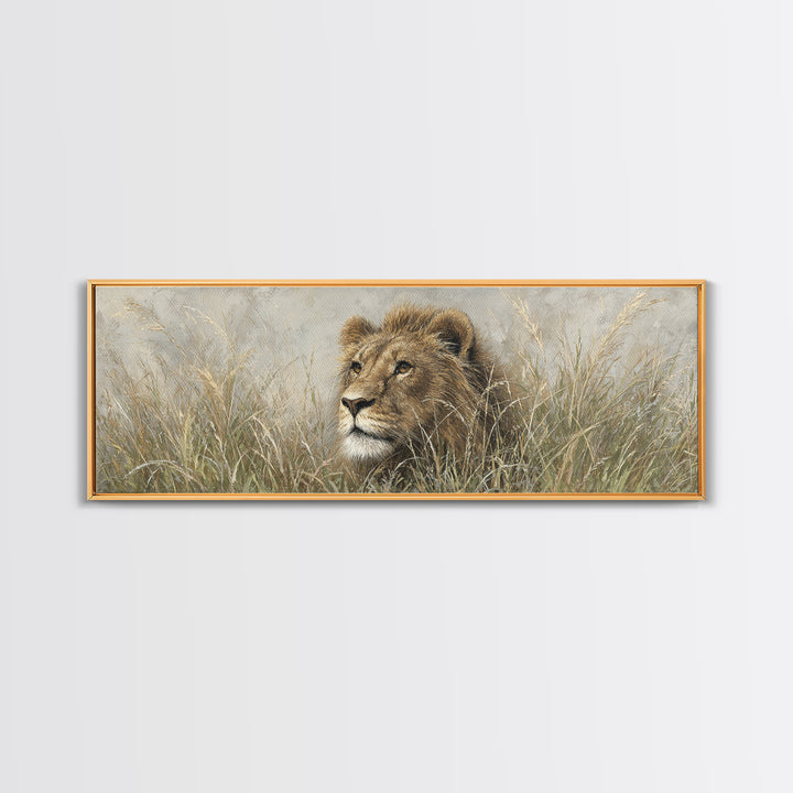 Lion Emerging from Golden Savanna Grass Canvas Print, Wildlife Art, Living Room Art, Living Room Decor, Watercolor Art, Wild, WIL-3x1-41