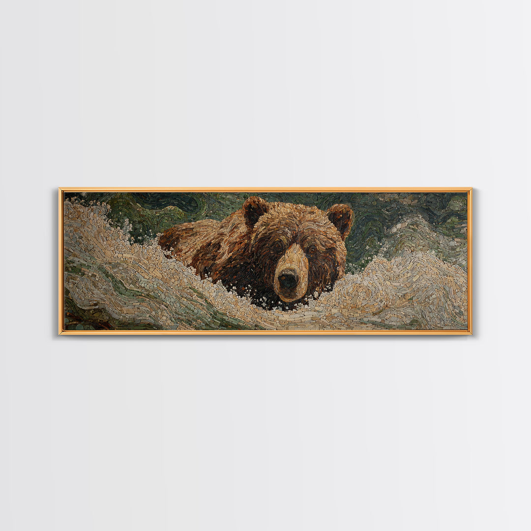 Bear Fishing in Rushing Mountain River Framed Canvas Print, Wildlife Art, Neutral Decor, Living Room Decor, Fine Art, Wild, WIL-3x1-44