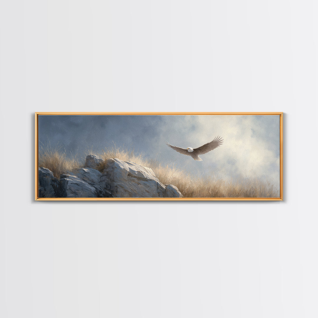 Eagle Soaring Above Rocky Cliffs Canvas Print, Wildlife Art, Canvas Print, Living Room Decor, Fine Art, Wild, Forest Wall Art, WIL-3x1-46