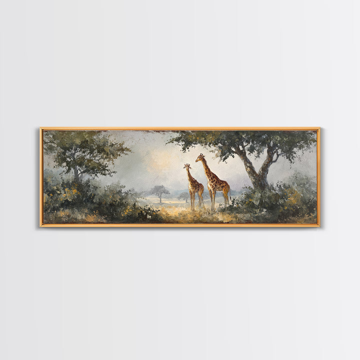 Giraffe Pair under Acacia Tree Framed Canvas Print, Wildlife Art, Wall Decor, Living Room Decor, Oil Painting, Wild, Bird Art, WIL-3x1-47