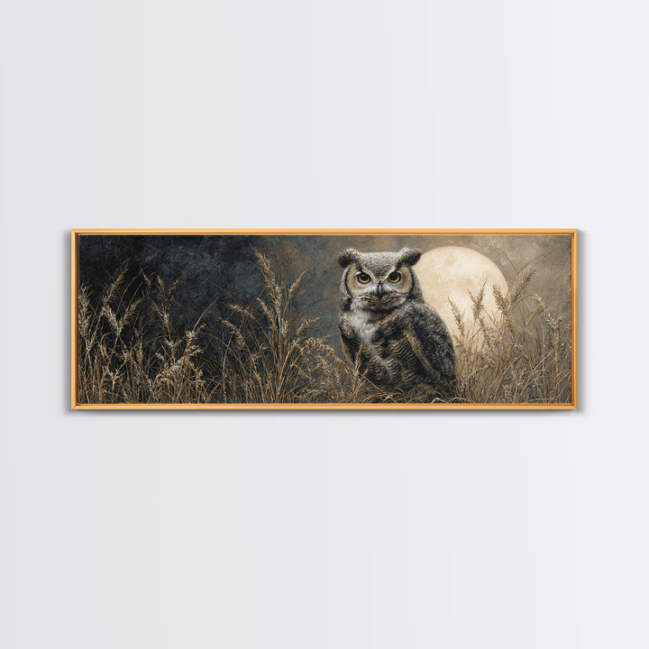 Owl Perched in Moonlit Woodland Framed Canvas Print, Wildlife Art, Room Decor, Living Room Decor, Abstract Art, Wild, WIL-3x1-52