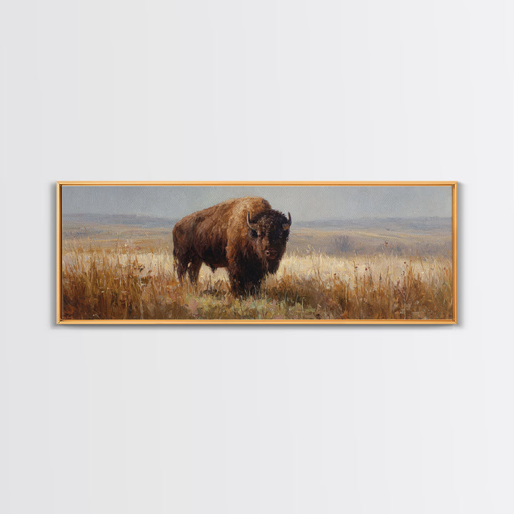 Bison on Wide Western Prairie Framed Canvas Print, Wildlife Art, Landscape Art, Living Room Decor, Fine Art, Wild, Modern Decor, WIL-3x1-53