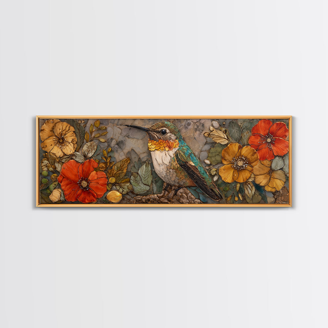 Hummingbird Beside Bright Flowers Framed Canvas Print, Wildlife Art, Textured Painting, Living Room Decor, Oil Painting, Wild, WIL-3x1-56