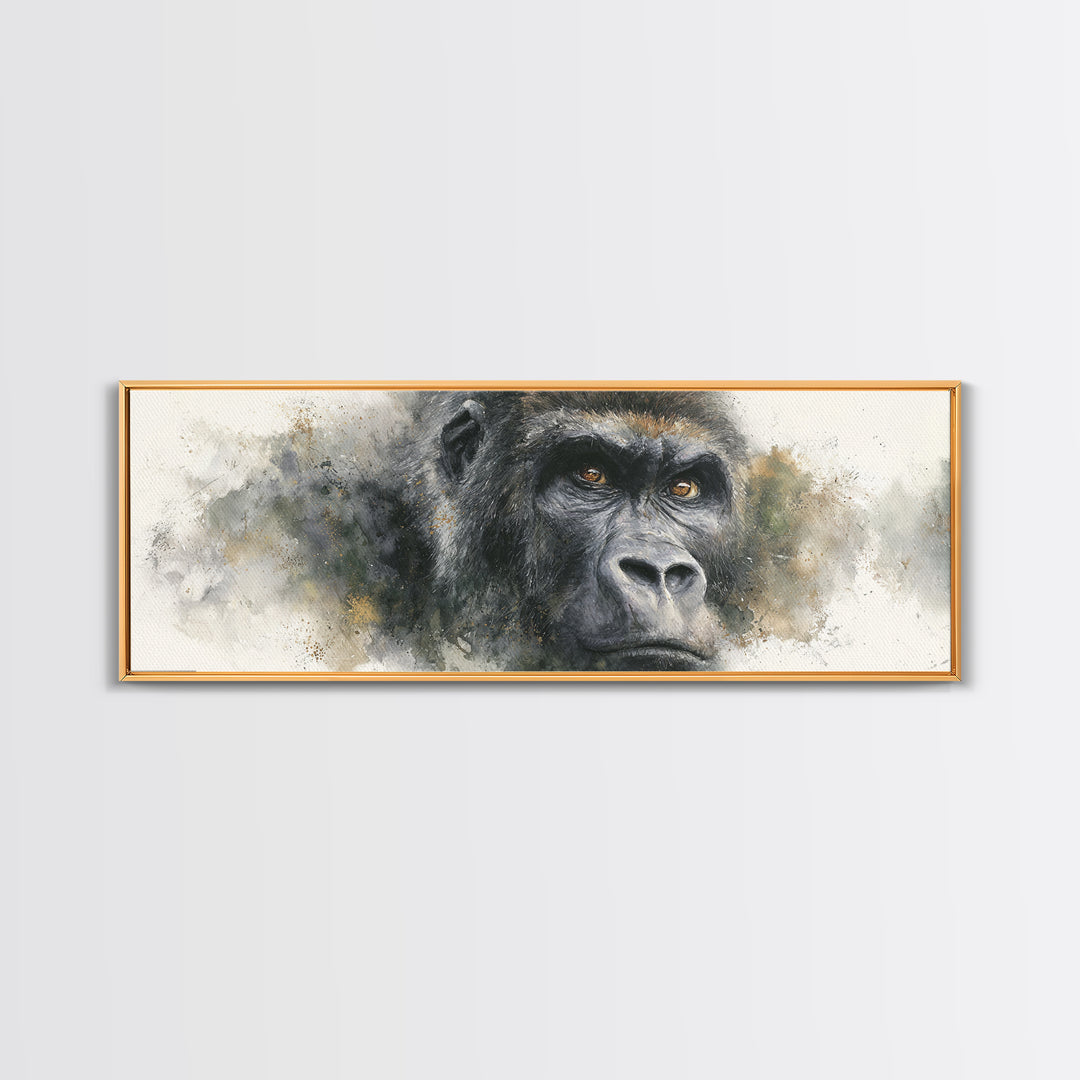 Gorilla Portrait with Powerful Gaze Framed Canvas Print, Wildlife Art, Leopard Wall Art, Living Room Decor, Fine Art, Wild, WIL-3x1-57