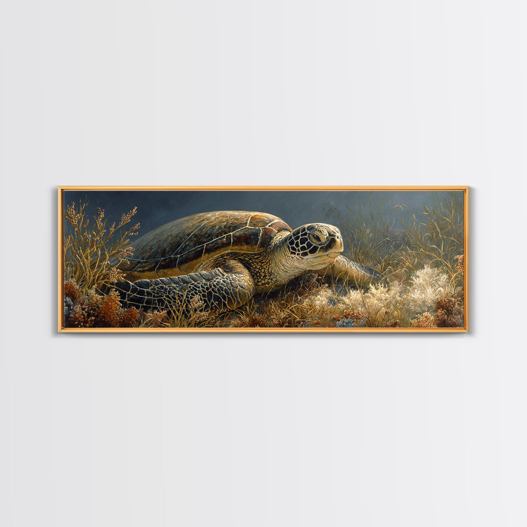 Sea Turtle over Coral Reef Framed Canvas Print, Wildlife Art, Modern Wall Art, Living Room Decor, Fine Art, Wild, Bird Wall Art, WIL-3x1-58