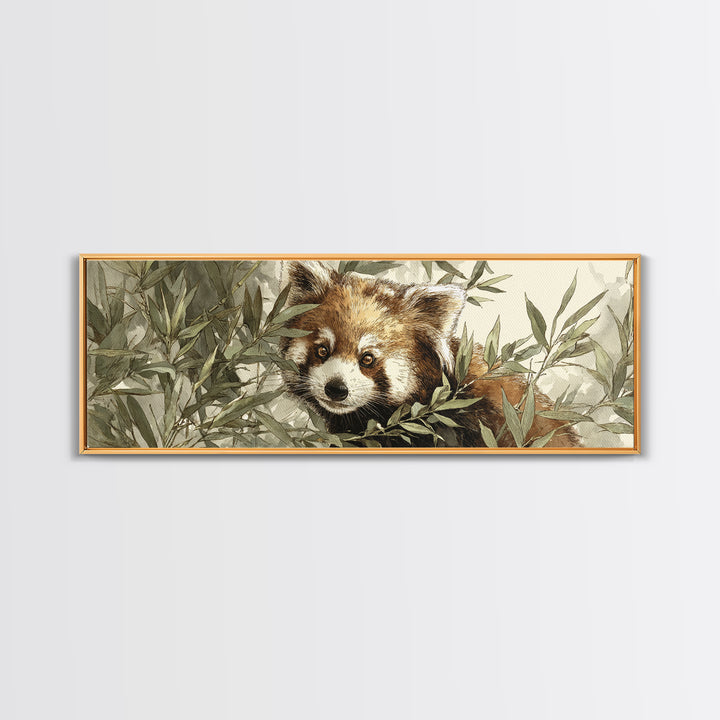 Red Panda Among Bamboo Leaves Framed Canvas Print, Wildlife Art, Boho Decor, Living Room Decor, Fine Art, Wild, Painting, WIL-3x1-60