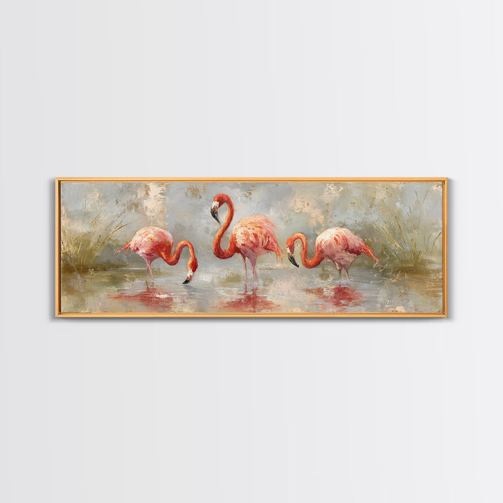 Flamingos in Pink Shallow Water Canvas Print, Wildlife Art, Gallery Decor, Living Room Decor, Oil Painting, Wild, WIL-3x1-62
