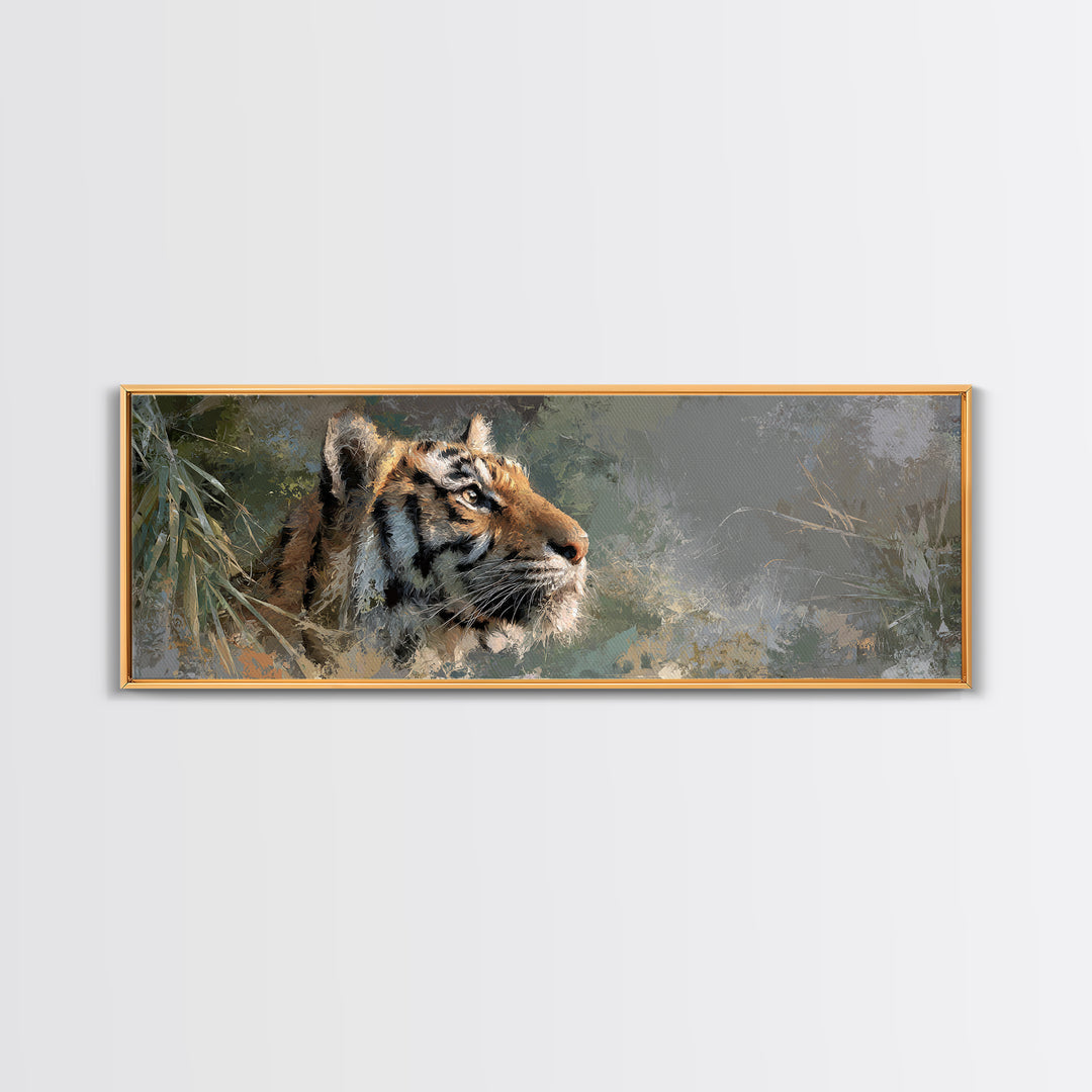 Tiger Portrait with Jungle Shadows Framed Canvas Print, Wildlife Art, Canvas Painting, Living Room Decor, Fine Art, Wild, WIL-3x1-69