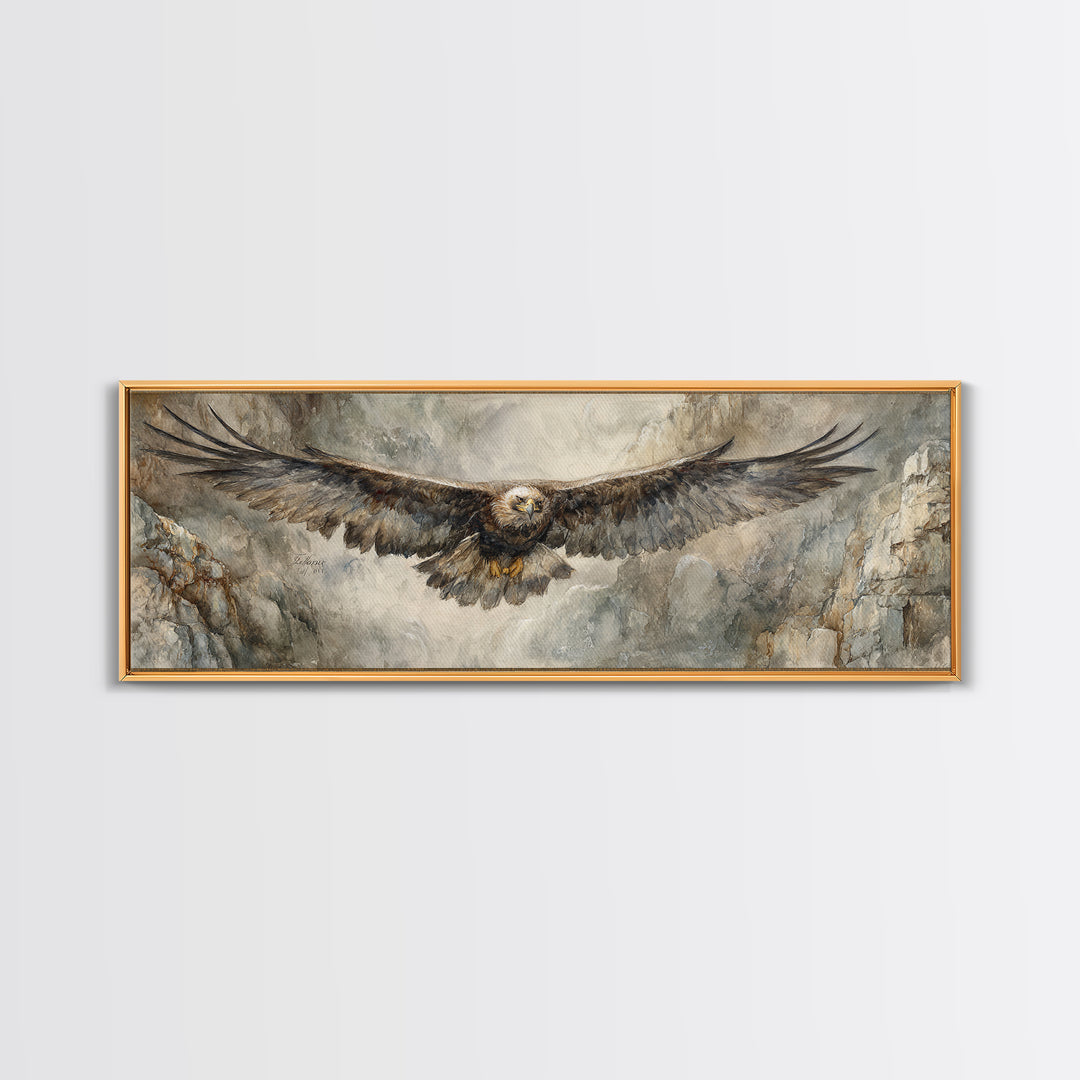 Eagle Soaring Above Rocky Cliffs Canvas Print, Wildlife Art, Art Print, Living Room Decor, Oil Painting, Wild, Digital Wall Art, WIL-3x1-70