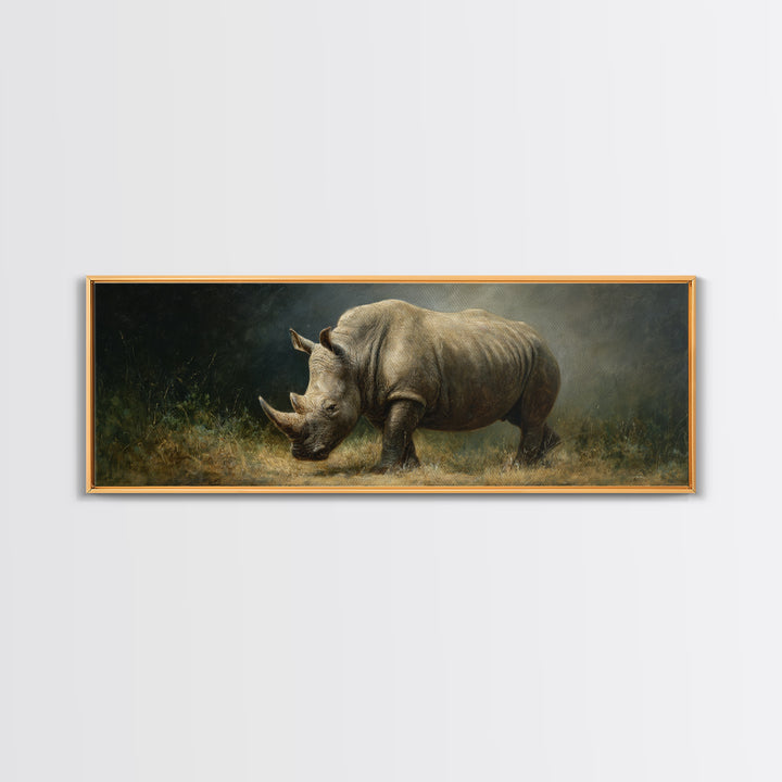 Rhino in Dramatic Stormy Light Framed Canvas Print, Wildlife Art, Wall Art, Living Room Decor, Fine Art, Wild, Modern Wall Art, WIL-3x1-72