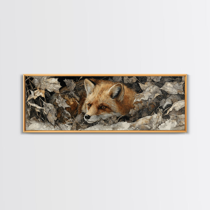Fox in Autumn Forest Leaves Framed Canvas Print, Wildlife Art, Bird Wall Art, Living Room Decor, Oil Painting, Wild, WIL-3x1-73