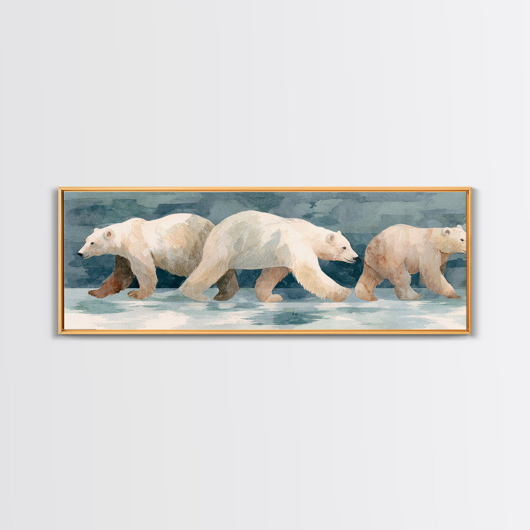 Polar Bear Crossing Blue Ice Framed Canvas Print, Wildlife Art, Living Room Decor, Oil Painting, Wild, Living Room Art, WIL-3x1-79