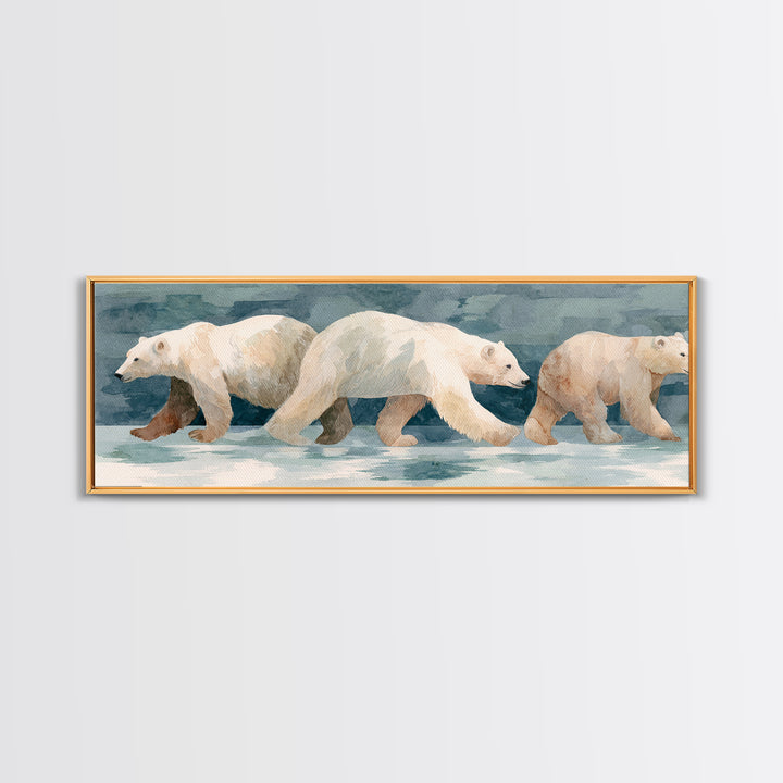Polar Bear Crossing Blue Ice Framed Canvas Print, Wildlife Art, Living Room Decor, Oil Painting, Wild, Living Room Art, WIL-3x1-79