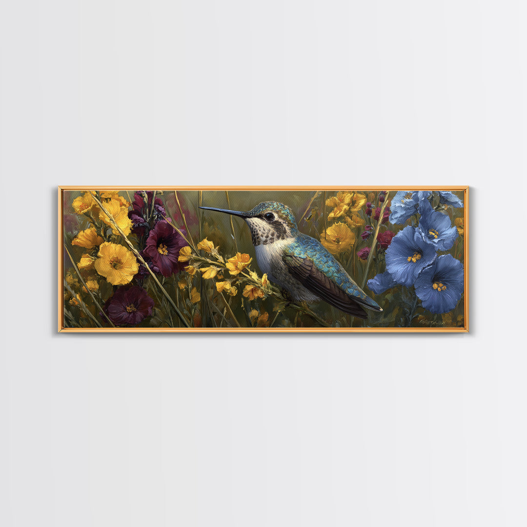 Hummingbird Beside Bright Flowers Canvas Print, Wildlife Art, Living Room Art, Living Room Decor, Watercolor Art, Wild, WIL-3x1-8
