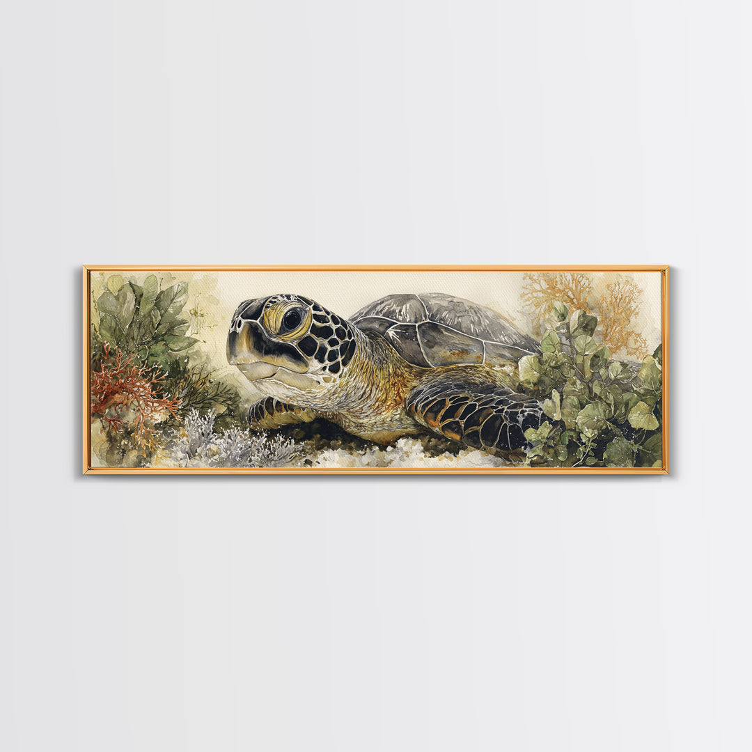 Sea Turtle over Coral Reef Framed Canvas Print, Wildlife Art, Modern Wall Art, Living Room Decor, Fine Art, Wild, Bird Wall Art, WIL-3x1-82