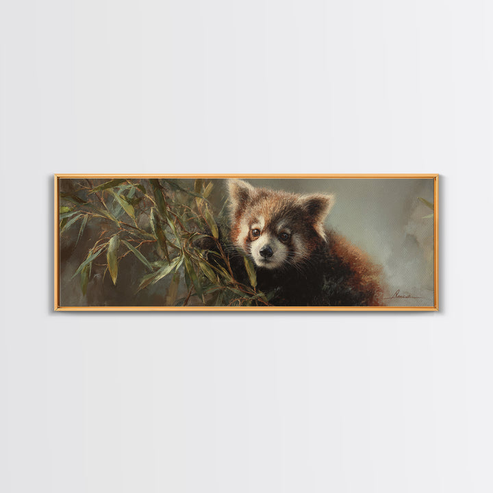 Red Panda Among Bamboo Leaves Framed Canvas Print, Wildlife Art, Wall Decor, Living Room Decor, Wild, Living Room Wall Art, WIL-3x1-84