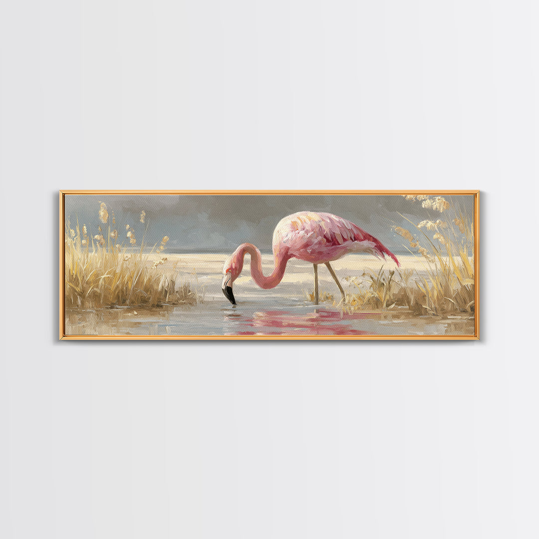 Flamingos in Pink Shallow Water Canvas Print, Wildlife Art, Canvas Wall Art, Living Room Decor, Watercolor Art, Wild, WIL-3x1-86