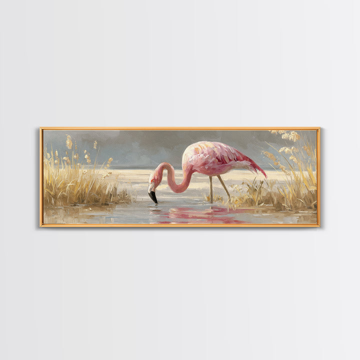 Flamingos in Pink Shallow Water Canvas Print, Wildlife Art, Canvas Wall Art, Living Room Decor, Watercolor Art, Wild, WIL-3x1-86