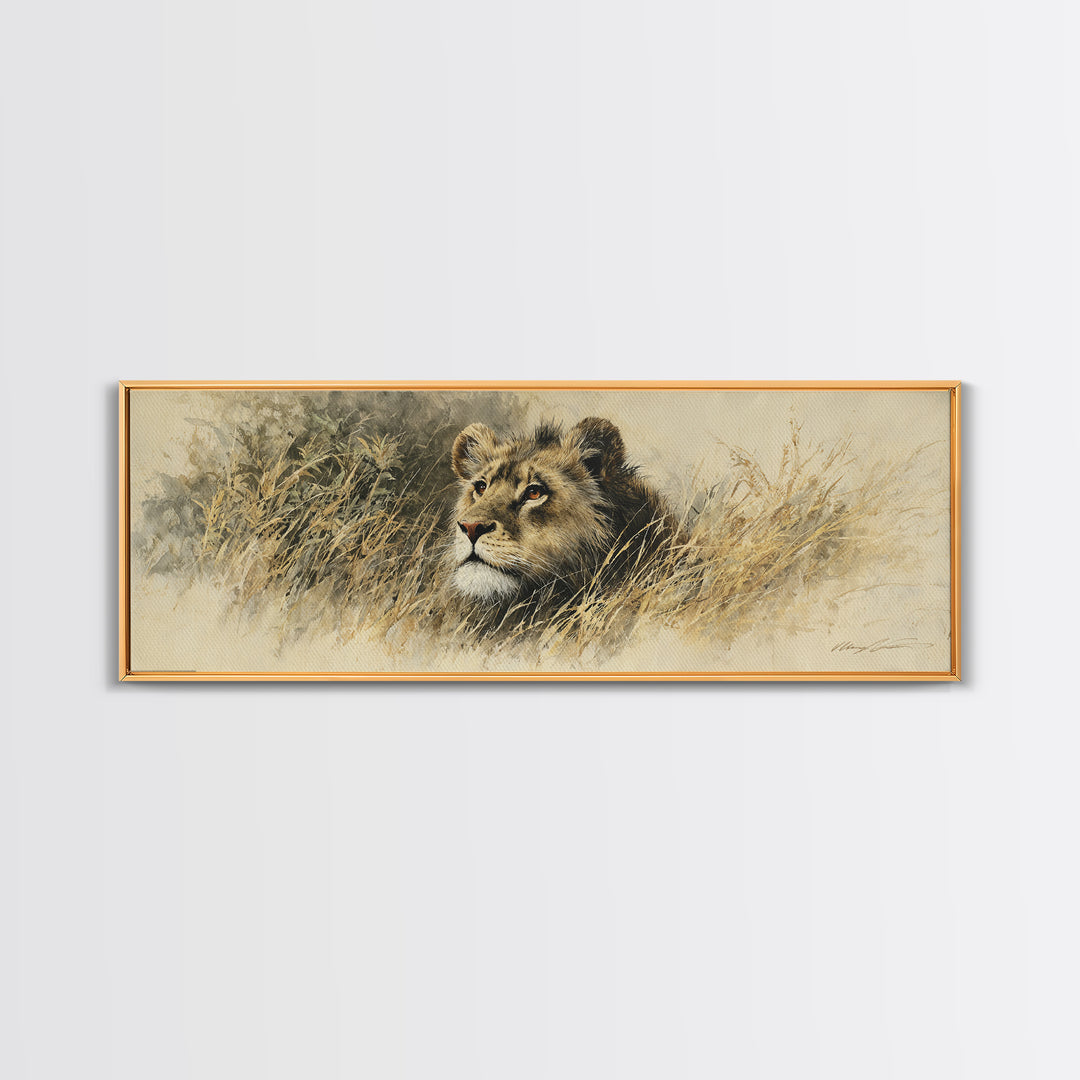 Lion Emerging from Golden Savanna Grass Framed Canvas Print, Wildlife Art, Unique Home Decor, Living Room Decor, Oil Painting, WIL-3x1-89