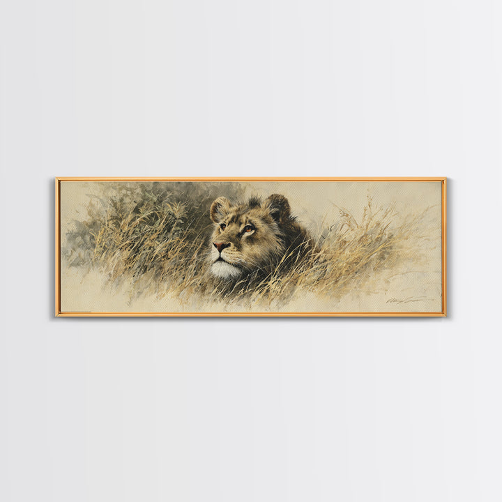Lion Emerging from Golden Savanna Grass Framed Canvas Print, Wildlife Art, Unique Home Decor, Living Room Decor, Oil Painting, WIL-3x1-89