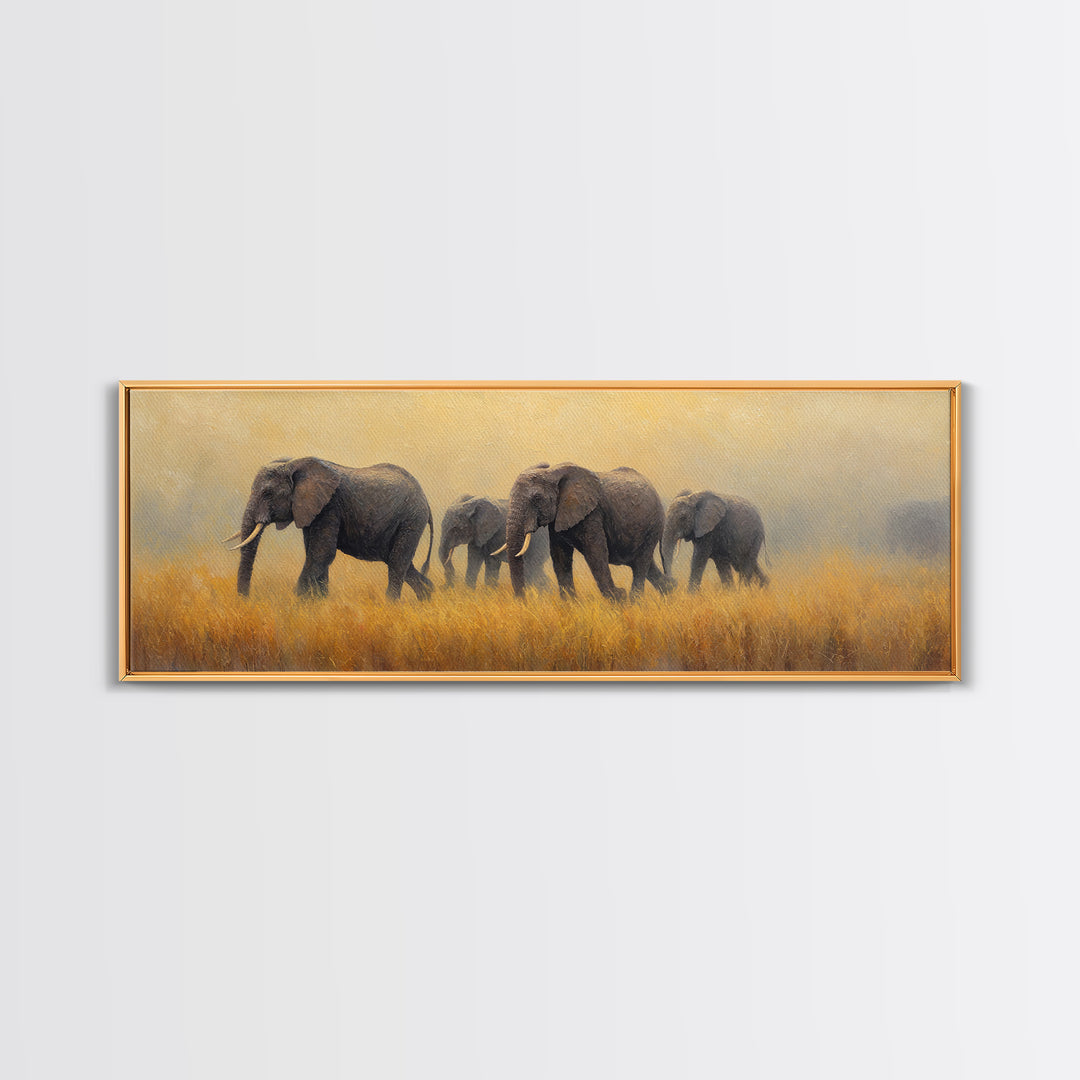 Elephant Herd Walking Through Dusty Sunset Framed Canvas Print, Wildlife Art, Landscape Art, Living Room Decor, Fine Art, Wild, WIL-3x1-90