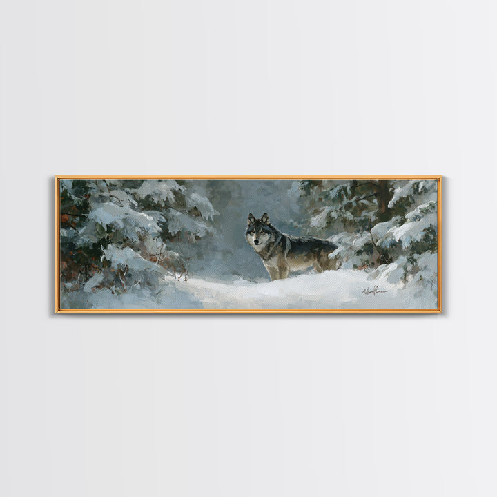 Wolf Standing Beneath Snowy Pine Trees Canvas Print, Wildlife Art, Room Decor, Living Room Decor, Fine Art, Wild, WIL-3x1-91