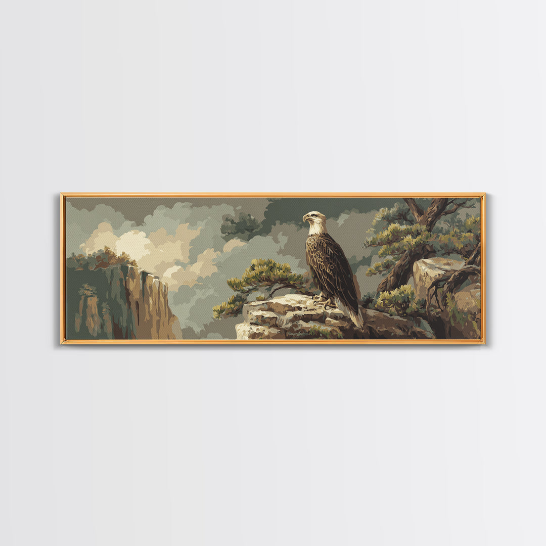 Eagle Soaring Above Rocky Cliffs Canvas Print, Wildlife Art, Bird Art, Living Room Decor, Watercolor Art, Wild, WIL-3x1-94