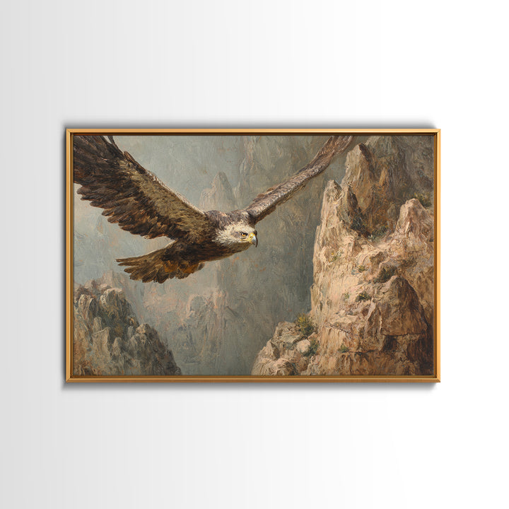Eagle Soaring Above Rocky Cliffs Framed Canvas Print, Wildlife Art, Wall Art Print, Living Room Decor, Fine Art, Wild, WIL-3x2-10