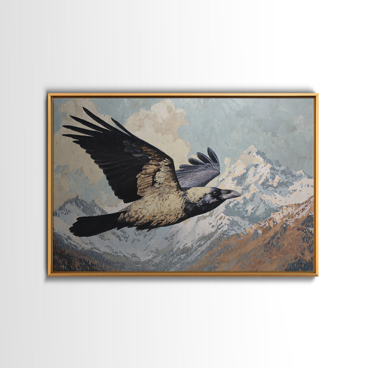 Raven Flying Through Snowy Mountains Framed Canvas Print, Wildlife Art, Fine Art Print, Living Room Decor, Fine Art, Wild, WIL-3x2-100