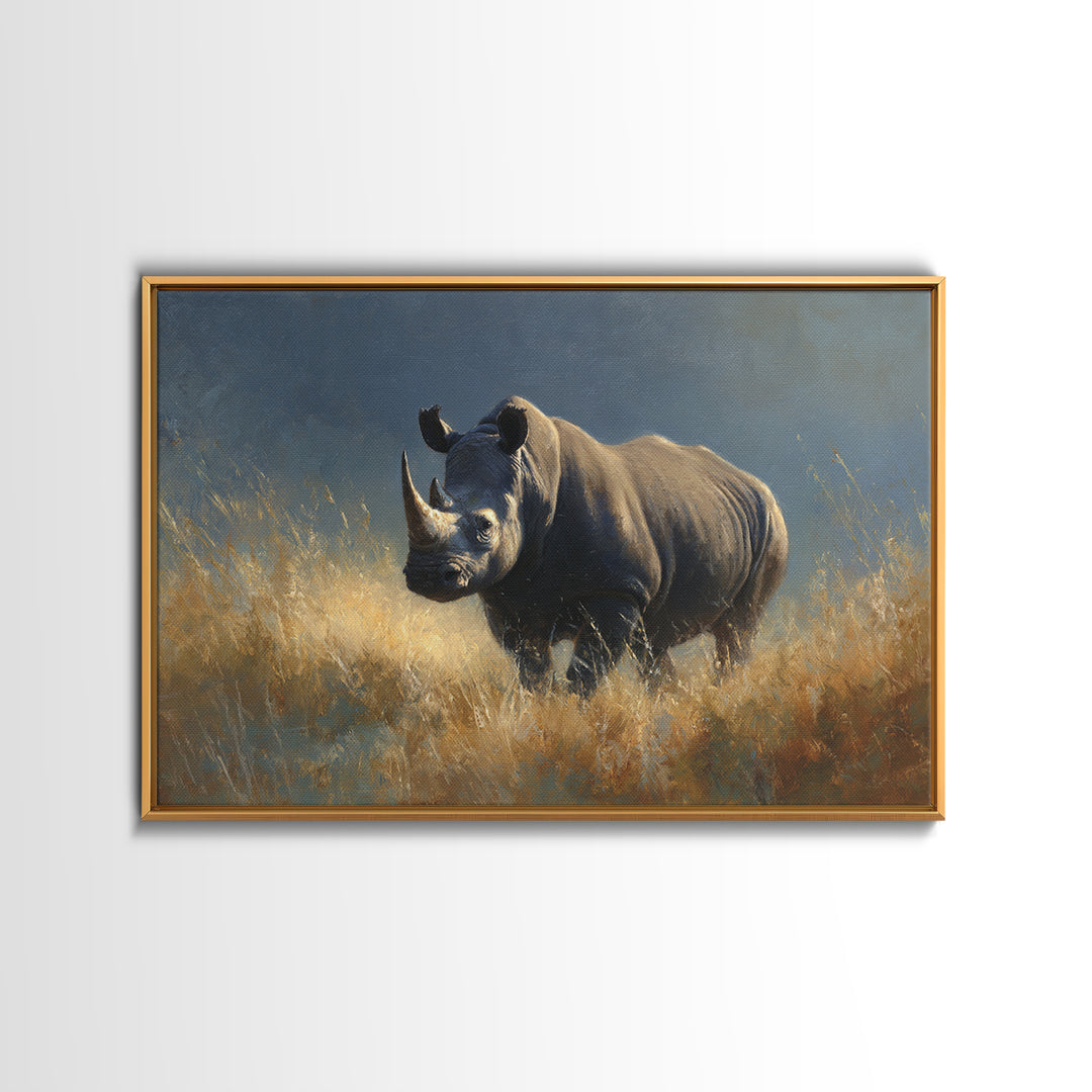 Rhino in Dramatic Stormy Light Canvas Print, Wildlife Art, Modern Wall Art, Living Room Decor, Fine Art, Wild, Bird Wall Art, WIL-3x2-12