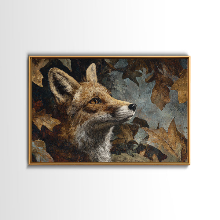 Fox in Autumn Forest Leaves Framed Canvas Print, Wildlife Art, Canvas Print, Living Room Decor, Fine Art, Wild, Forest Wall Art, WIL-3x2-13