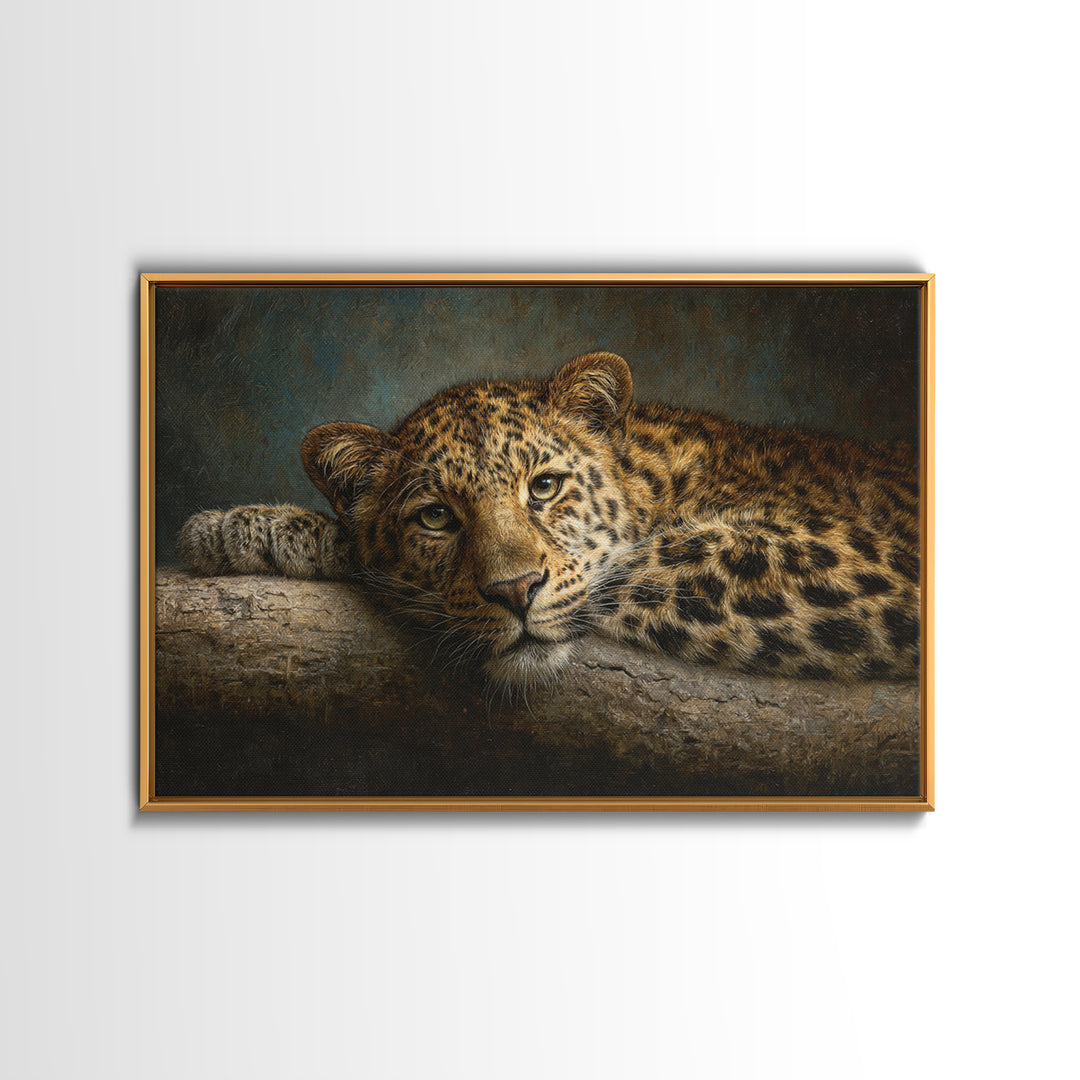 Leopard Resting on Tree Branch Framed Canvas Print, Wildlife Art, Large Wall Art, Living Room Decor, Watercolor Art, Wild, WIL-3x2-18