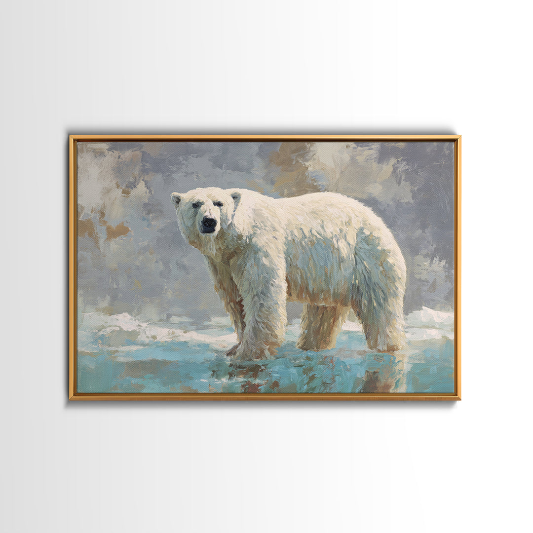 Polar Bear Crossing Blue Ice Framed Canvas Print, Wildlife Art, Living Room Art, Living Room Decor, Fine Art, Wild, Boho Decor, WIL-3x2-19