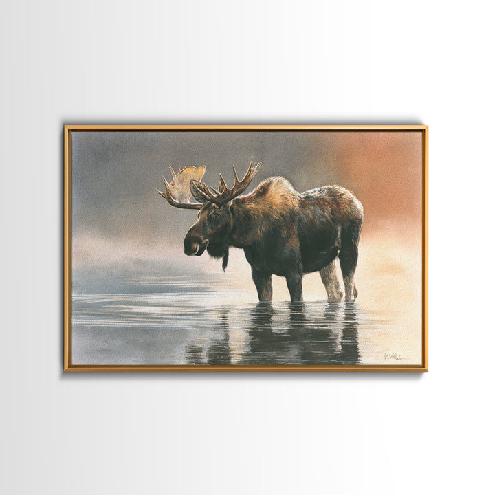 Moose Standing in Reflective Lake Framed Canvas Print, Wildlife Art, Living Room Wall Art, Living Room Decor, Oil Painting, WIL-3x2-23