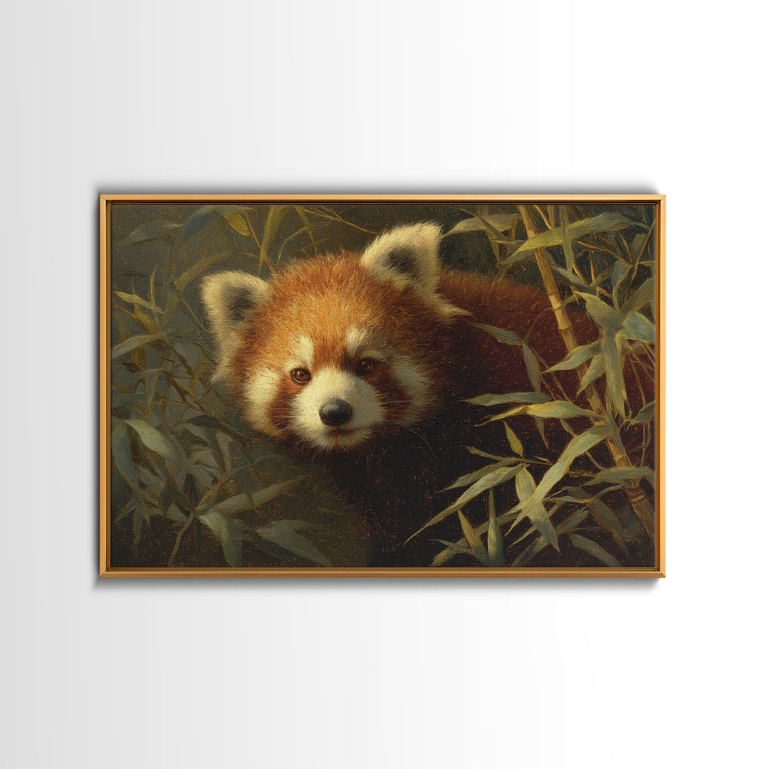 Red Panda Among Bamboo Leaves Framed Canvas Print, Wildlife Art, Canvas Print, Living Room Decor, Wild, Forest Wall Art, WIL-3x2-24