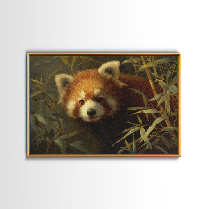Red Panda Among Bamboo Leaves Framed Canvas Print, Wildlife Art, Canvas Print, Living Room Decor, Wild, Forest Wall Art, WIL-3x2-24