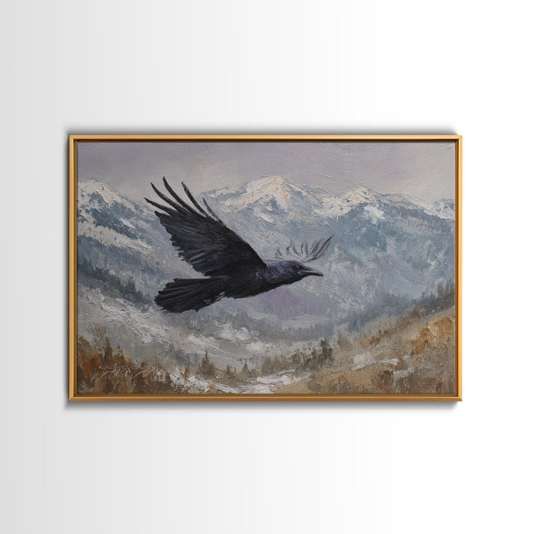 Raven Flying Through Snowy Mountains Framed Canvas Print, Wildlife Art, Living Room Decor, Watercolor Art, Wild, WIL-3x2-28